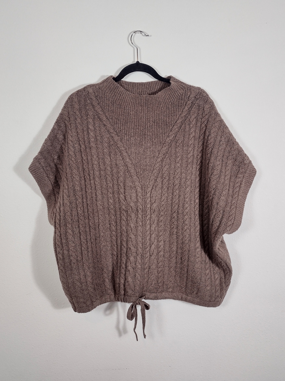 Express Brown Cable Knit Short Sleeve Relaxed Fit Mock Neck Cinch Waist Sweater